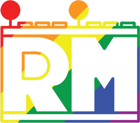 Retrocade Media Logo, a rainbow R and M with an arcade stick and three buttons sitting on top of each letter
